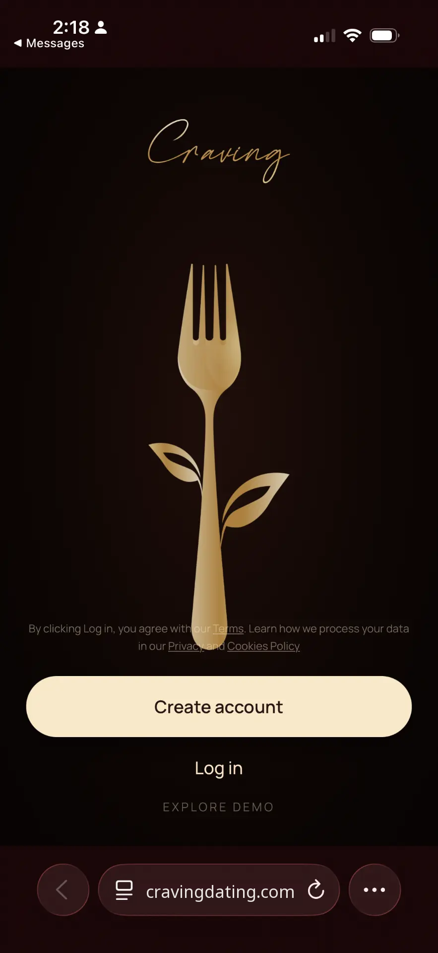 The Craving app, showing its gold fork logo and login screen